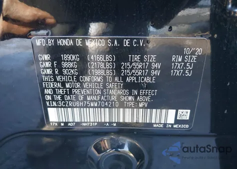 2021 Honda Hr-V Awd Ex-L z USA, uszkodzony, nr VIN 3CZRU6H75MM704210